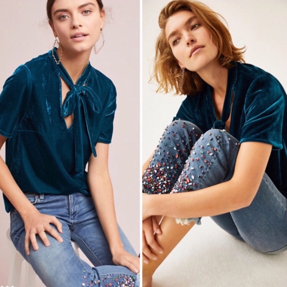 Teal Velvet Tie-Neck Top Anthropologie NWT Medium
